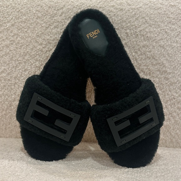 Fendi Shoes - Fendi Verde Bosco (Dark Emerald Green)  Shearling Logo Slippers